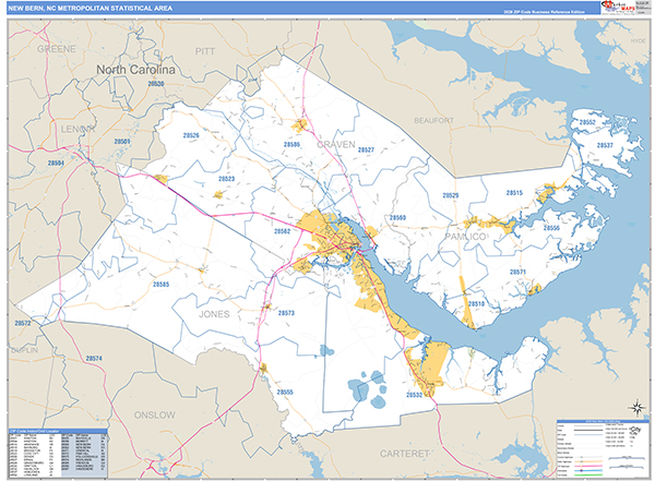 New Bern, NC Metro Area Wall Map